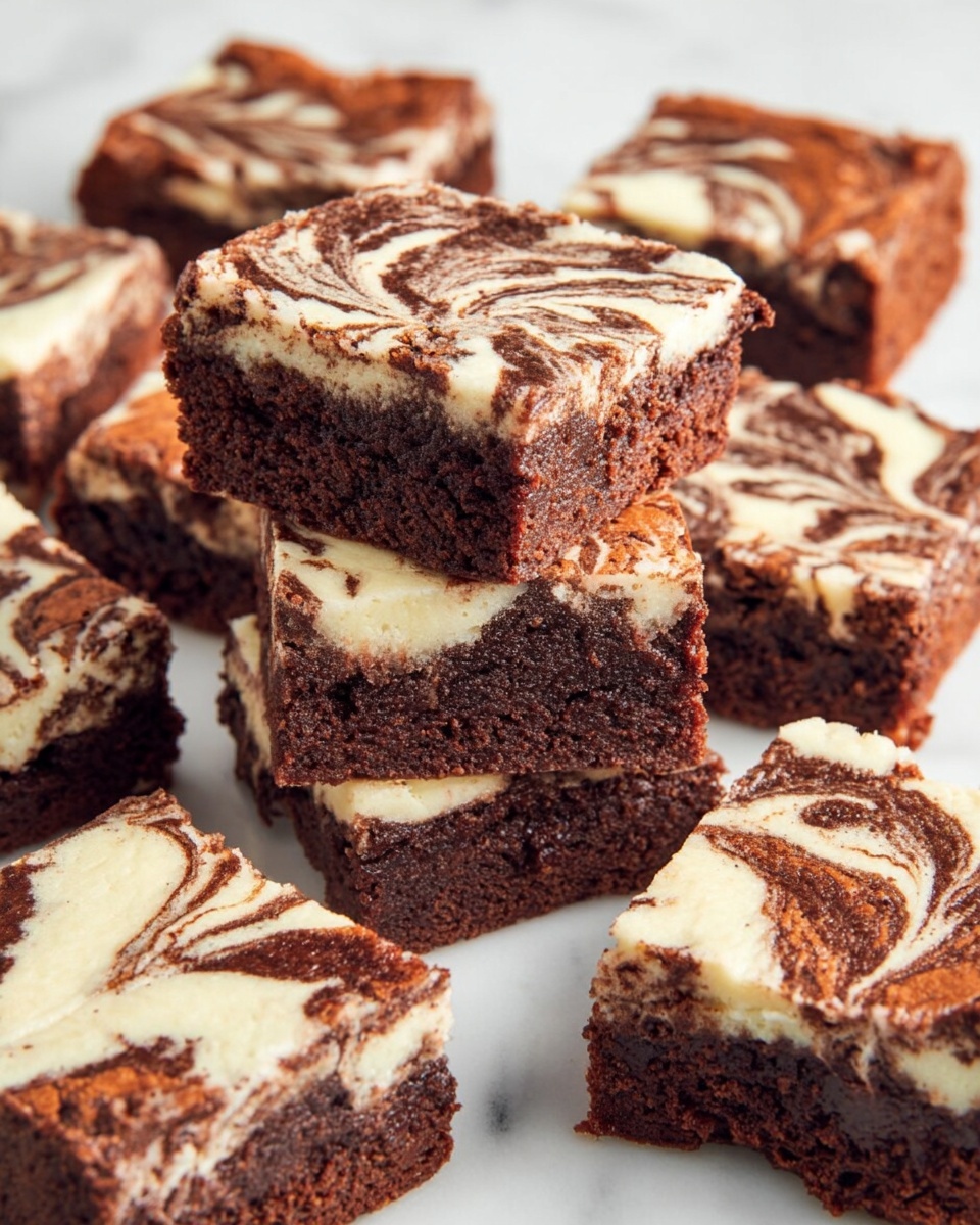 The image shows several square pieces of chocolate and cream swirl brownies stacked and scattered on a white marbled surface. Each brownie has two visible layers: a dense, dark brown chocolate base with a moist texture, and a creamy white top layer with a marbled pattern of chocolate swirls blending smoothly into the cream. The swirls create a mix of light and dark spots across the surface, giving a rich, artistic look. Some brownies are stacked two pieces high while others lie flat around them, highlighting the thickness and texture of each layer. photo taken with an iphone --ar 4:5 --v 7