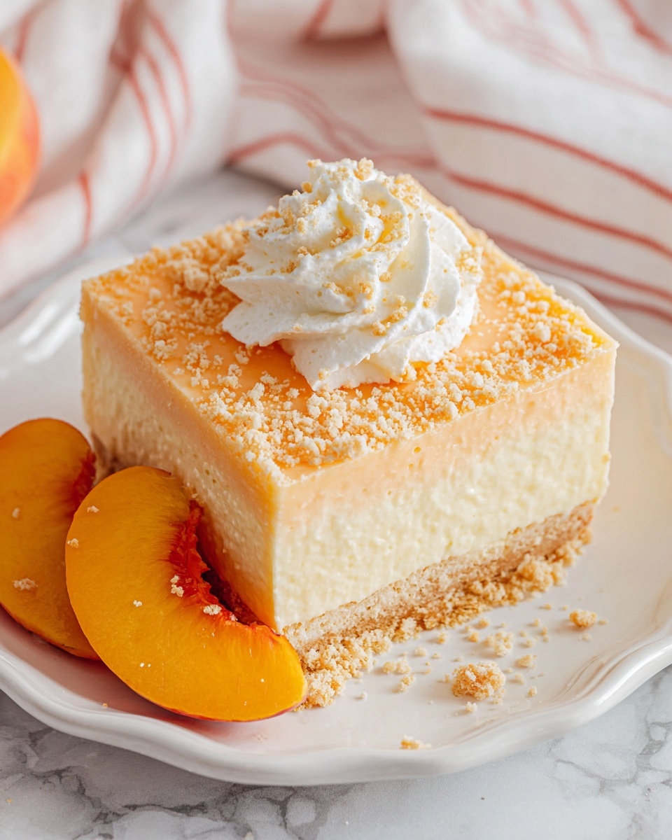 A square dessert slice with three visible layers sits on a white scalloped plate: the bottom layer is a crumbly light brown crust, the middle layer is a creamy pale yellow filling, and the top layer is a smooth pale orange topping with sprinkled crumbs. On top of the dessert is a small swirl of white whipped cream with crumbs scattered on it. Next to the dessert, a few glossy orange peach slices rest against the side of the plate. The plate is placed on a white marbled surface with a white cloth with thin red stripes partly visible in the background. Photo taken with an iphone --ar 4:5 --v 7
