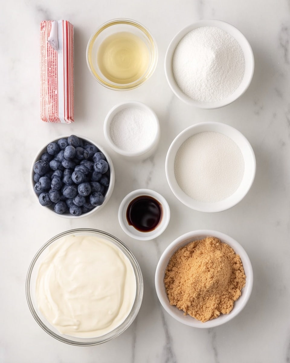 The image shows nine small bowls and one wrapped stick arranged on a white marbled surface. The top layer has a red and white wrapped stick of cream cheese on the left, a small clear glass bowl with light yellow liquid in the center, and a white bowl with white powdered sugar on the right. Below that layer, from left to right, there's a small white bowl with dark vanilla extract, a white bowl filled with white granulated sugar, and a large clear glass bowl with light cream liquid. The bottom layer includes a large clear glass bowl filled with smooth white cream cheese, a small white bowl full of fresh blueberries on the left, and a white bowl with crushed light brown graham cracker crumbs on the right. The scene is clean, bright, and neatly organized. photo taken with an iphone --ar 4:5 --v 7