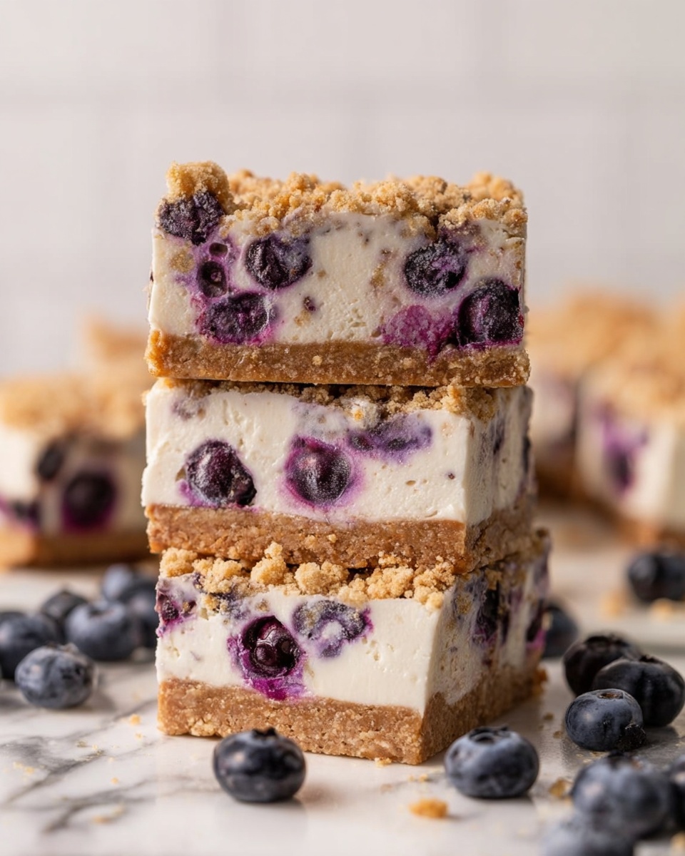 The image shows three stacked dessert bars on a white marbled surface. Each bar has three layers: the bottom layer is a crumbly light brown crust, the middle layer is thick and creamy white with whole blueberries embedded inside, showing purple and dark blue colors, and the top layer is a crumbly light brown topping similar to the base. Some loose blueberries are scattered around the bars, and the background is softly blurred with a white color. photo taken with an iphone --ar 4:5 --v 7