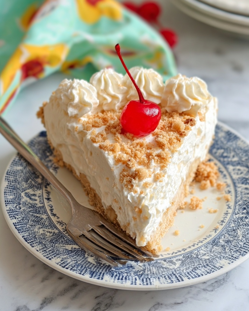 A slice of creamy, light-colored pie with visible small crumbs on the surface sits on a white plate with blue patterns around the edges. The pie has three layers: a crumbly light base, a thick white creamy middle, and a fluffy white top sprinkled with crumbs. Around the edge of the top layer, there are small swirls of cream, and a shiny bright red cherry rests at the center on top. A silver fork lies beside the pie on the plate, and the background shows a white marbled surface with a colorful cloth that has green, yellow, and red patterns. Photo taken with an iphone --ar 4:5 --v 7