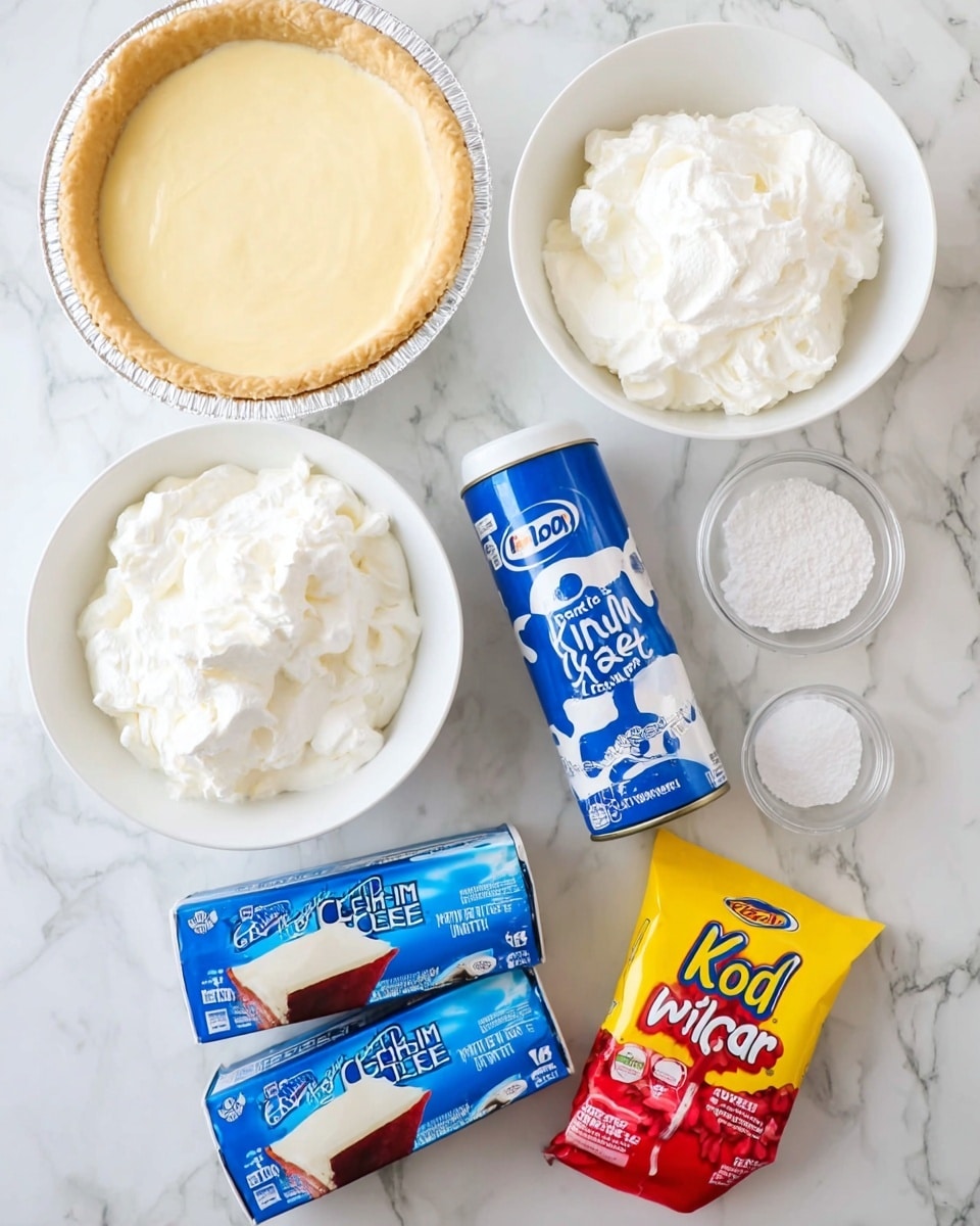 The image shows several dessert ingredients arranged on a white marbled surface. On the left, there is a white bowl filled with a light creamy mixture. Next to it, a white bowl full of thick white cream cheese is placed near the center. Below the bowls, two rectangular packages of cream cheese with blue and white labels are stacked. To the right, a blue and white can of dairy whipped topping stands upright. A yellow and red Kool-Aid lemonade powder packet and a small clear bowl of white sugar complete the scene. Part of a baked light brown pie crust in a silver foil pan is partially visible on the left edge. The photo taken with an iphone --ar 4:5 --v 7