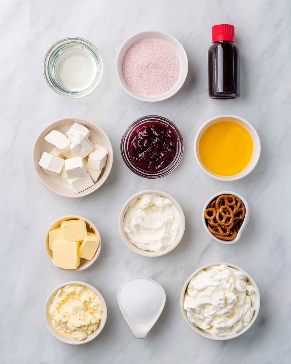 The image shows a flat top view of eleven small white bowls and one small bottle arranged on a white marbled surface. Starting at the top left and moving right, there is a small bowl filled with clear liquid, a white bowl with light pink powder, a small black bottle with a red cap, a bowl of white sugar, and a bowl with melted yellow butter. In the middle row from left to right are a bowl with white cream cheese cubes, a bowl of dark red jam, a bowl with brown mini pretzels, and a triangle-shaped white bowl with pale yellow liquid. The bottom row features a bowl of white whipped cream, a bowl with brown sugar, and a bowl with white powdered sugar. The entire setup appears clean with a bright, well-lit look photo taken with an iphone --ar 4:5 --v 7