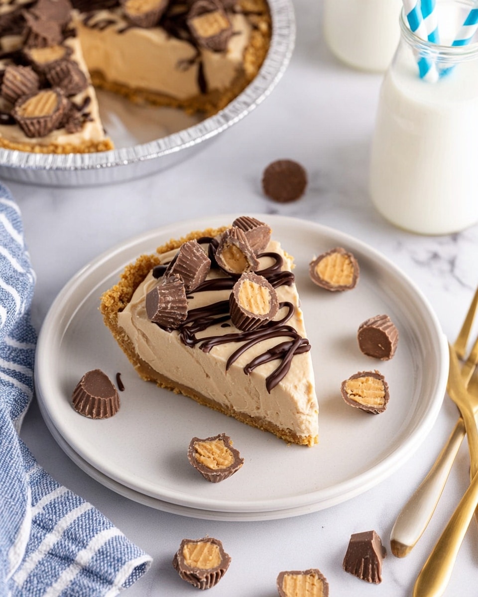 A slice of peanut butter pie sits on a white plate on a white marbled surface. The pie has three layers: a golden cookie crust at the bottom, a smooth light tan peanut butter filling in the middle, and a drizzle of dark chocolate sauce on top. Small peanut butter cup chocolates, some whole and some cut in half or quarters exposing the light filling, are scattered on top of the pie slice and around the plate. To the top left, the full pie is visible in a silver foil pie pan, with the same layers and toppings. Nearby are more peanut butter cup chocolates, a glass of milk with two blue and white striped straws, and two gold forks positioned near the pie slice. A blue and white striped cloth is partially visible to the left. Photo taken with an iphone --ar 4:5 --v 7