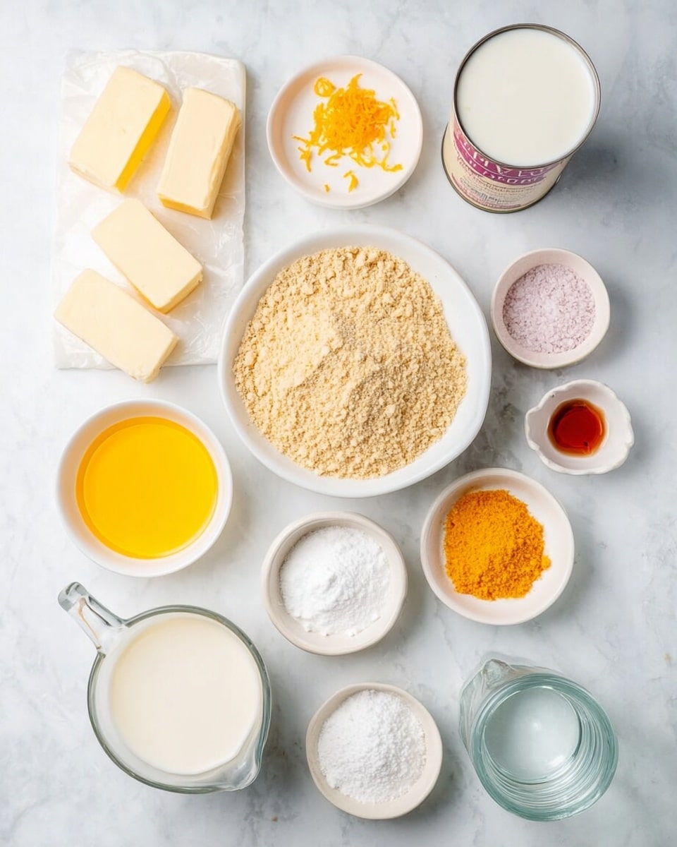 The image shows an overhead view of various ingredients arranged neatly on a white marbled surface. At the center is a white bowl filled with light brown crumbly powder. Surrounding it are smaller white bowls containing different ingredients: one with bright yellow melted butter, another with bright orange zest, one with white powdered sugar, and another with light pink salt. There is a small white bowl with a pale liquid, a small bowl with granulated white sugar, and a small bottle with orange-red liquid. Two rectangular blocks of cream-colored cream cheese and unsalted pale yellow butter are placed near the top left. A small glass jug with fresh cream and a clear glass jug with water are at the bottom. At the top right, an open can of pale yellow condensed milk is visible. All items are placed on a clean white marbled surface, giving a fresh, organized look. Photo taken with an iphone --ar 4:5 --v 7