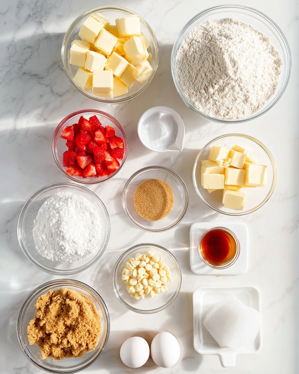 The image shows various ingredients neatly placed on a white marbled surface. There is a large glass bowl filled with white flour positioned at the top right corner. Below it, a smaller glass bowl holds white chocolate chips, showing a smooth round texture. To the left side, a glass bowl contains cubed butter with a creamy pale yellow color. In the middle, a white measuring cup holds finely chopped red strawberries, adding a splash of bright red color. Nearby, a white bowl contains light brown sugar with a grainy texture, and another clear bowl has soft yellow butter chunks. At the bottom, a small white bowl holds golden-brown graham cracker crumbs. Two white eggs sit side by side close to the white marbled surface. A tiny white sauce cup contains a reddish-brown liquid, likely vanilla extract, and another little white square bowl holds white salt and baking powder. Scattered are a metal measuring cup filled with powdered sugar and a bright yellow bowl filled with white sugar. The scene is bright with natural light highlighting each ingredient’s color and texture photo taken with an iphone --ar 4:5 --v 7