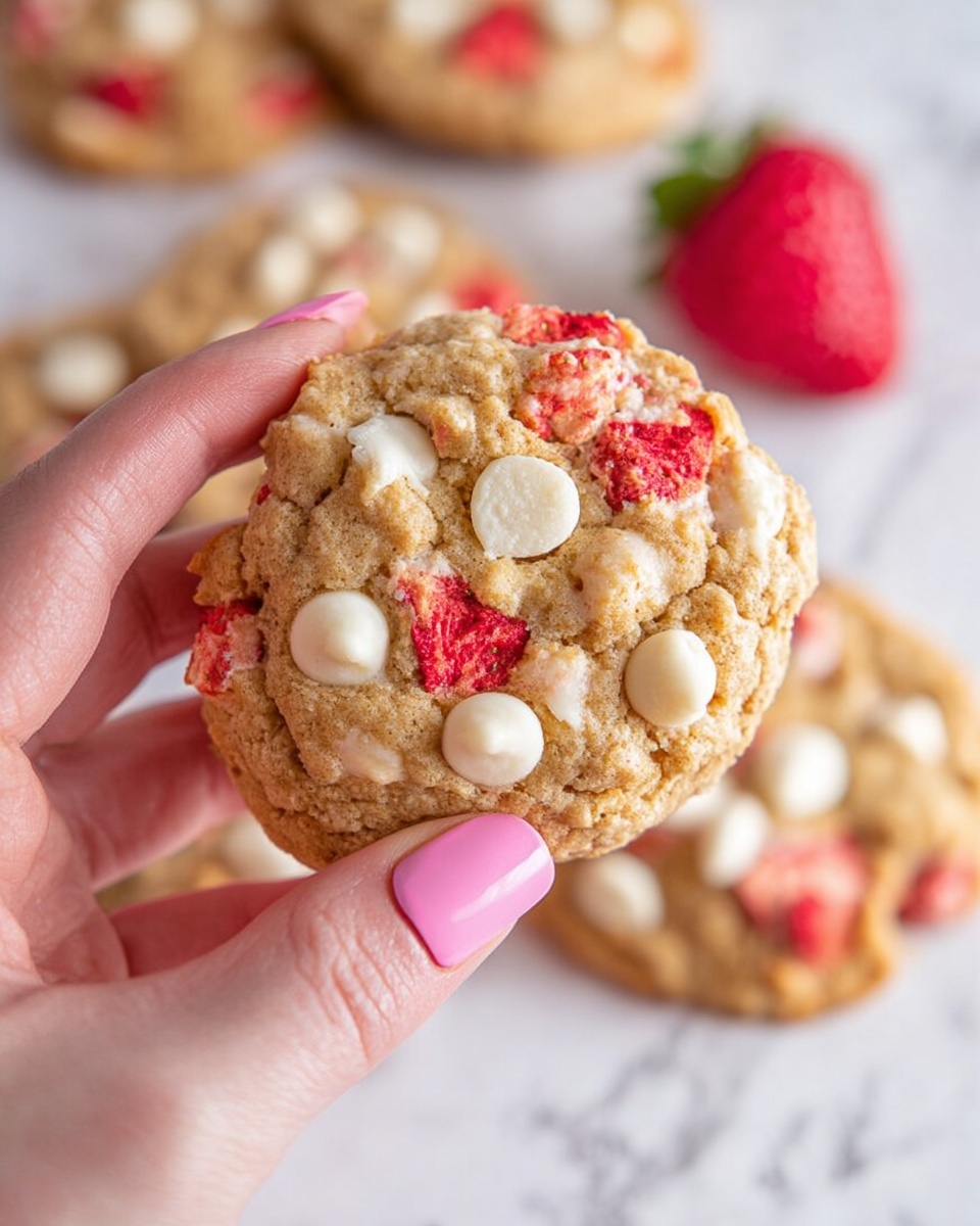 A close-up of a single cookie held by a woman's hand with pale pink nails, showing a soft and slightly rough texture with visible oats. The cookie has white round chocolate chips embedded on the top layer, scattered unevenly, mixed with bright red pieces of dried strawberries that add pops of color. The cookie edges are slightly uneven and golden brown, with some areas lighter around the white chips and strawberry bits. In the blurry background, several more cookies rest on a white marbled surface, along with a single fresh strawberry acting as a soft yet colorful backdrop, giving a fresh and inviting look to the scene photo taken with an iphone --ar 4:5 --v 7