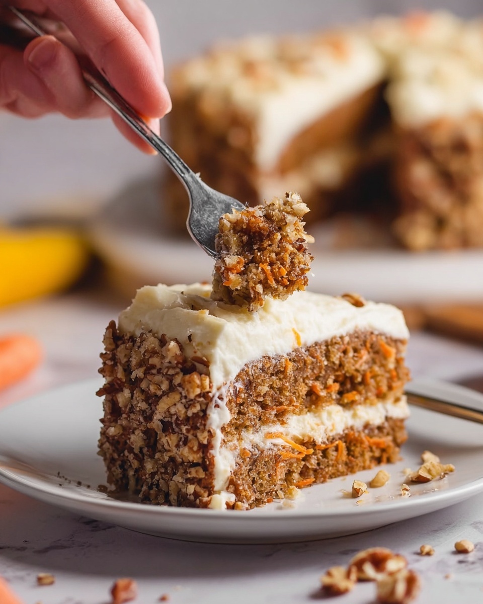 A close-up image shows a slice of two-layer carrot cake on a white plate. The bottom layer is a moist, textured brown cake with visible bits of carrot and nuts. The middle layer is thick white cream cheese frosting with a smooth and creamy look. The outer side of the slice is covered with crushed nuts, giving a rough texture. A woman's hand holds a fork lifting a bite of cake from the slice, showing crumbs falling off. The background is a white marbled surface with a blurred larger carrot cake in the distance. Small pieces of nuts are scattered on the plate and surface. Photo taken with an iphone --ar 4:5 --v 7