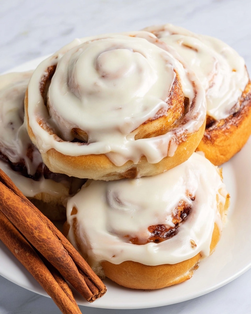 A close-up view of three cinnamon rolls stacked on a white plate, each roll has a golden-brown base layer with visible swirls of cinnamon, topped with a thick layer of smooth creamy white icing that spreads unevenly over the surface. The rolls show slightly textured dough edges with some darker spots from baking. Two cinnamon sticks lie beside the rolls on a white marbled surface, adding a rustic touch to the scene. The whole setup has warm and inviting tones, highlighting the softness and freshness of the cinnamon rolls photo taken with an iphone --ar 4:5 --v 7
