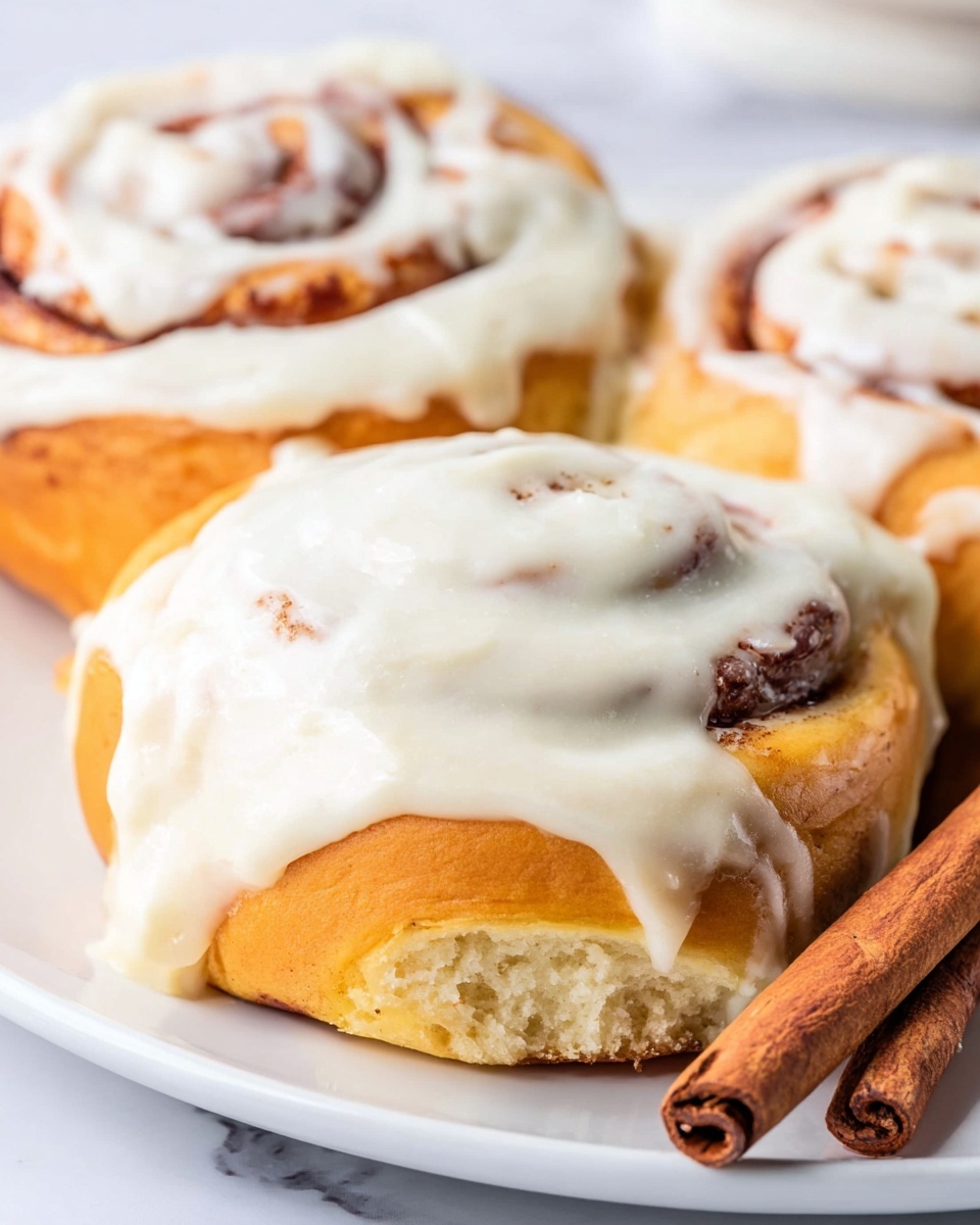 The image shows close-up of three cinnamon rolls on a white plate with a white marbled background. Each roll has a thick, soft, golden-brown dough base forming the first layer. The second layer is a swirled cinnamon filling visible just beneath a thick, creamy white icing generously spread on top and slightly dripping down the sides of the rolls. The texture of the dough is smooth and fluffy, while the icing looks soft and slightly glossy. Two cinnamon sticks lie on the plate behind the rolls adding a touch of rustic brown color. Photo taken with an iphone --ar 4:5 --v 7