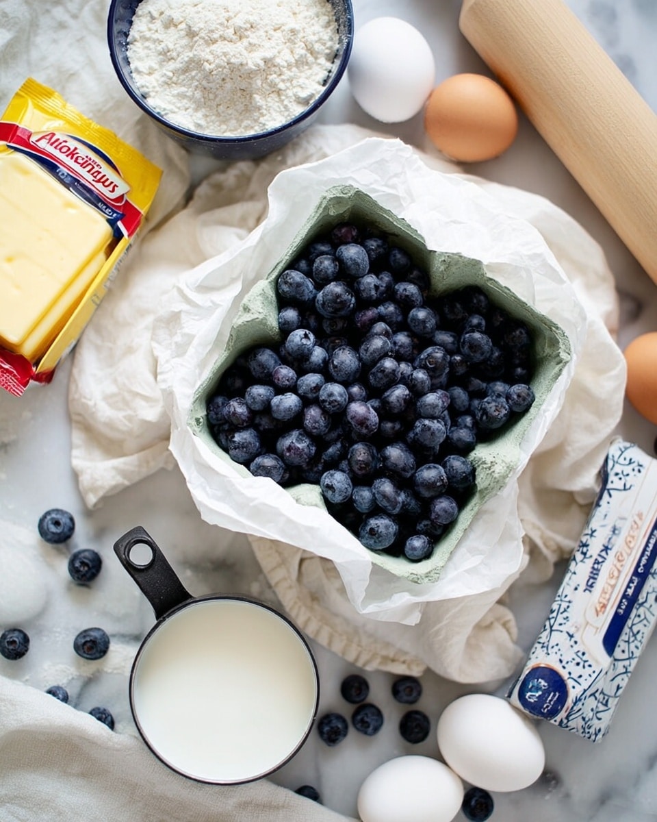 The image shows ingredients for baking arranged on a white marbled surface with a light cloth underneath. At the center, there is a square carton lined with crumpled white paper, filled with fresh, dark blue blueberries. Surrounding it are a small black measuring cup filled with white milk, a white bowl of light beige flour, two white eggs, a wrapped stick of butter in patterned blue paper, a glass of white sugar, a packet of yellow and red baking yeast, and some scattered blueberries. A wooden rolling pin is partially visible in the corner. The scene is bright and clean, all colors soft and natural photo taken with an iphone --ar 4:5 --v 7