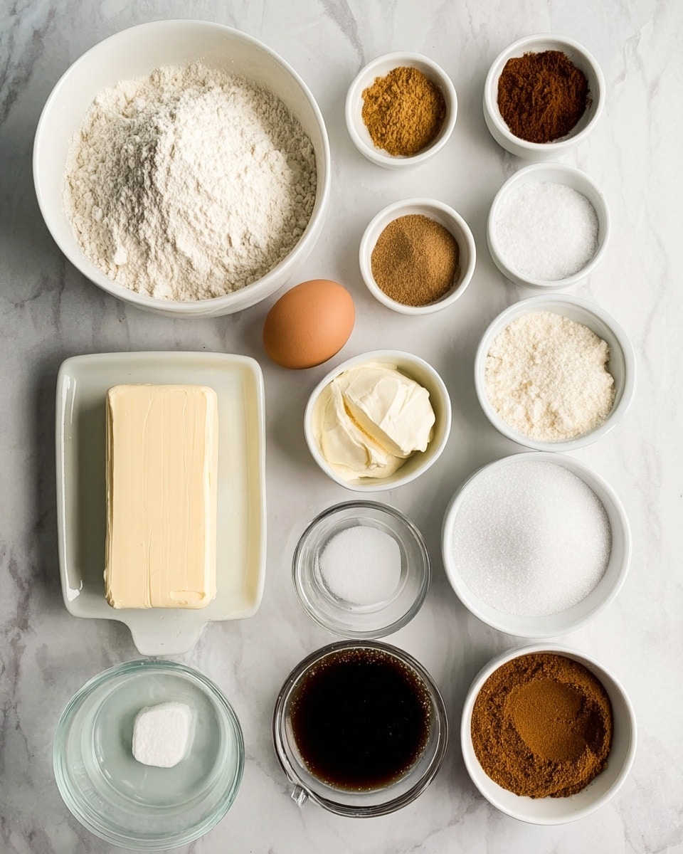 The image shows 14 small bowls and containers with baking ingredients arranged neatly on a white marbled surface. Starting from the top left, there is a large white bowl filled with flour, next to it several small white bowls and cups containing light brown powder, white powder, salt, ground spices, sugar, and an egg in the center. Below these are a glass container holding a stick of butter, a small white bowl with cream cheese, a small white cup with a liquid, a white bowl with white powdered sugar, and two additional bowls on the bottom right filled with dark brown sugar and a dark syrupy liquid. The ingredients are spread out with space between each container, creating a clean organized layout. Photo taken with an iphone --ar 4:5 --v 7