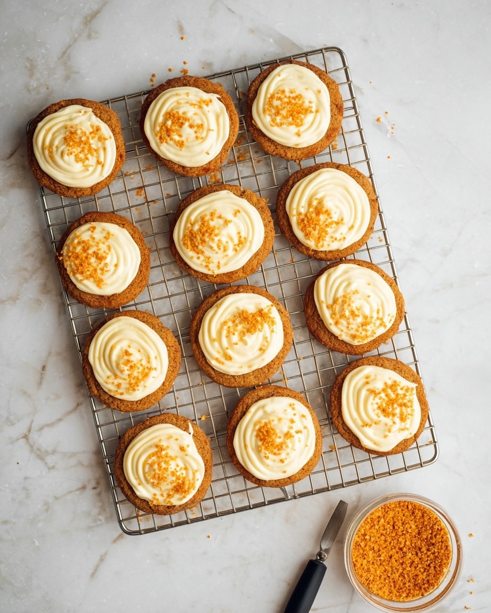 The image shows ten round cookies on a metal cooling rack placed over a white marbled surface. Each cookie has one layer of light brown base and a thick swirl of creamy white frosting on top, sprinkled with small orange crumbs. To the right of the rack, there is a small clear container filled with more orange crumbs and a small black utensil next to it. The cookies are evenly spaced on the rack, and the lighting highlights the texture of the frosting and the crumbly cookie base photo taken with an iphone --ar 4:5 --v 7