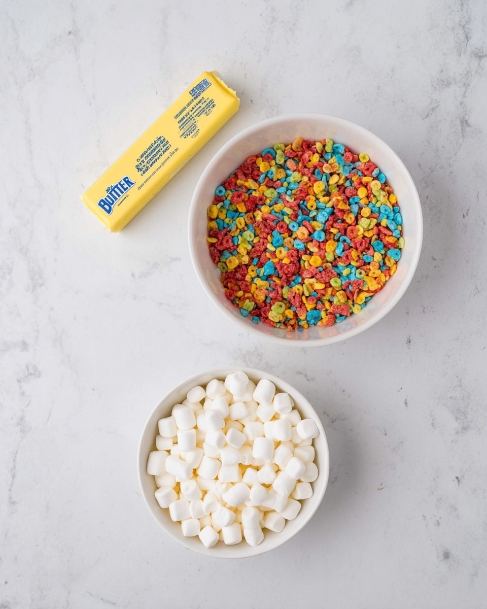 A white bowl filled with colorful cereal pieces in red, yellow, blue, and green is placed on a white marbled surface. Nearby, a smaller white bowl holds many small white marshmallows, all of similar size and shape. Next to the bowls, there is a stick of yellow salted butter with blue text on the wrapper. The scene is simple and bright with no other items visible. Photo taken with an iphone --ar 4:5 --v 7