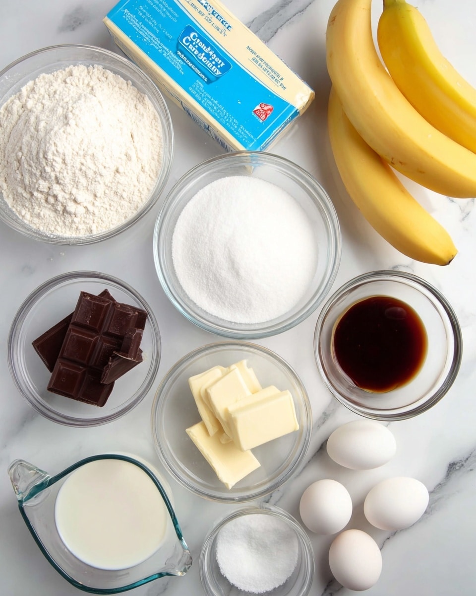 The image shows various baking ingredients arranged on a white marbled surface. There are three clear glass bowls with white flour, powdered sugar, and granulated sugar, placed at different positions. Another clear bowl holds a small amount of white milk, and a similar bowl contains dark vanilla extract, next to a small block of dark chocolate with a few squares broken off. Four white eggs are placed near a blue box of cream cheese and a stick of butter. A bunch of yellow bananas rests at the top right corner. A clear measuring cup filled with a white liquid is in the bottom left corner, with a smaller clear measuring cup with water nearby. The scene is bright and clean, emphasizing the textures and colors of the ingredients. photo taken with an iphone --ar 4:5 --v 7