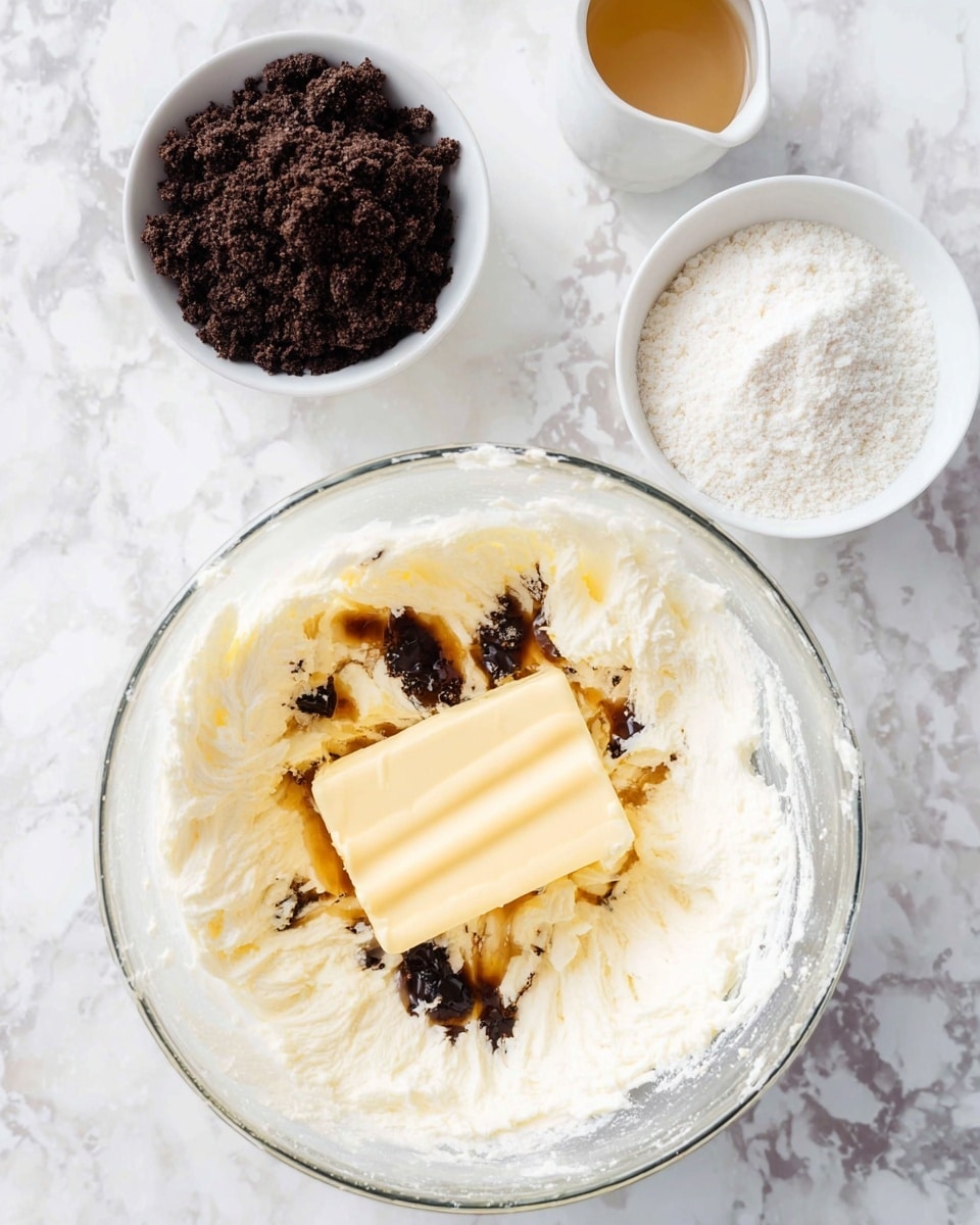 A clear glass bowl sits on a white marbled surface, filled with a soft, fluffy white cream base. On top of this creamy layer lies a solid pale yellow stick of butter, with dark brown drops of vanilla extract splattered around it. Nearby, two white bowls hold contrasting powders: one filled with dark brown crumbled pieces resembling crushed cookies, and the other with fine white sugar powder. A small white container with light brown liquid is also partially visible on the side. Photo taken with an iphone --ar 4:5 --v 7