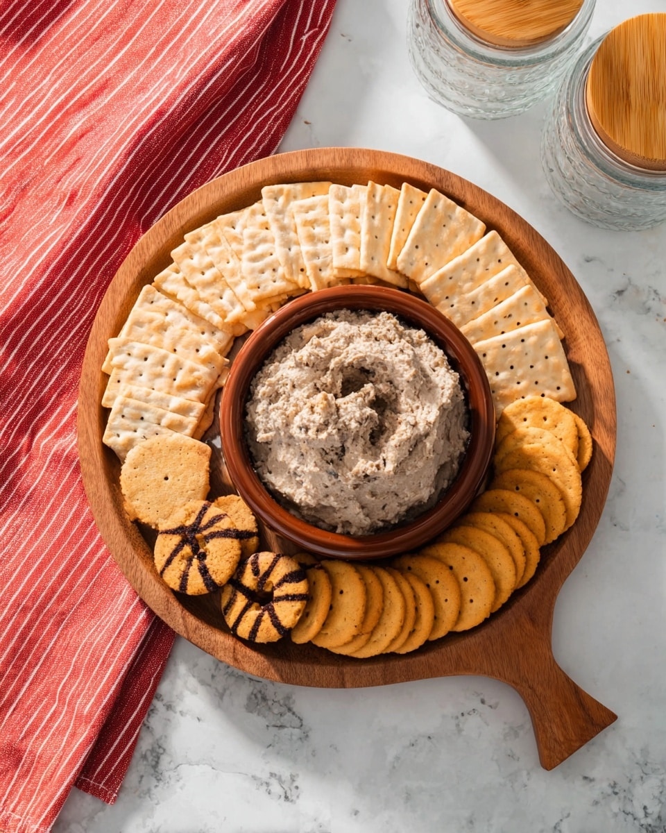 A round wooden board holds a small brown bowl filled with a creamy, textured gray spread with bits in it, placed in the center. Around the bowl is a ring of light beige square crackers with small holes. Outside this ring are three types of cookies arranged in sections: striped round cookies with a dark brown and light brown pattern, solid light brown round cookies, and the crackers in the middle ring. The board rests on a white marbled surface, with a red cloth with white stripes in the top left corner, and two clear glass containers with wooden and metal lids in the top right area, photo taken with an iphone --ar 4:5 --v 7