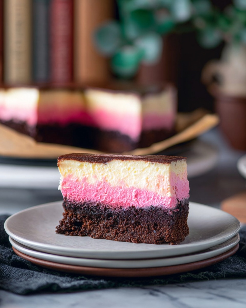 The image shows a slice of cake with three layers on a white plate, which is on top of another white plate. The bottom layer is dark brown and looks dense and chocolaty with a slightly rough texture. Above that is a bright pink layer, smooth and creamy in texture. The top layer is a creamy off-white color and looks soft and light. In the background, the rest of the cake is visible, showing the same three layers and placed on parchment paper inside a dark pan. The setting includes a white marbled surface underneath and blurred books and green leaves in the background for a cozy feel. Photo taken with an iphone --ar 4:5 --v 7