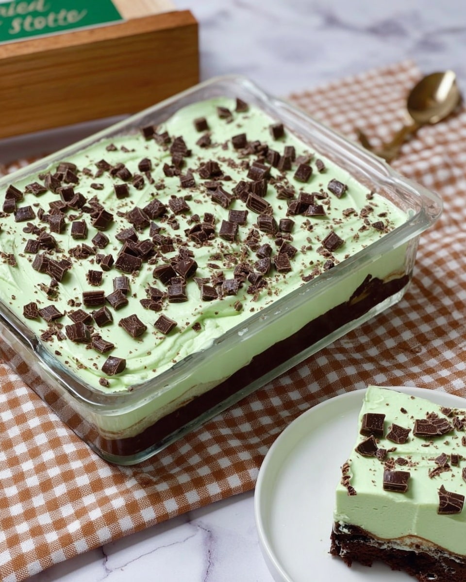 A dessert in a clear glass square dish with three visible layers: a dark brown base layer, a thick light green middle layer with a smooth, creamy texture, and a top layer sprinkled with small dark brown and white square chocolate pieces and tiny dark brown chocolate chips, evenly spread over the green layer. A piece is cut out and placed on a white plate in the bottom right corner, showing the layers clearly. The dish sits on a tan and white checkered cloth on a white marbled surface with a wooden block that has a green label in the background. Photo taken with an iphone --ar 4:5 --v 7