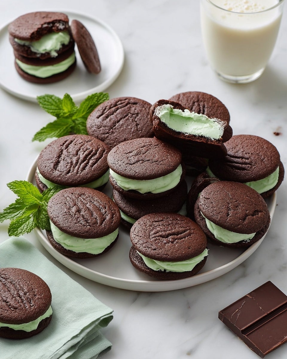 A plate filled with ten chocolate sandwich cookies, each made of two dark brown textured chocolate layers with a thick, smooth light green cream layer in between; one cookie has a bite taken out, showing the cream inside clearly. The cookies are on a white plate with a sprig of fresh green mint leaves placed on one side. Around the plate, there are a few pieces of dark chocolate bars and a glass of white milk with bubbles on top. Two smaller white plates hold one sandwich cookie each, all set on a white marbled surface. photo taken with an iphone --ar 4:5 --v 7
