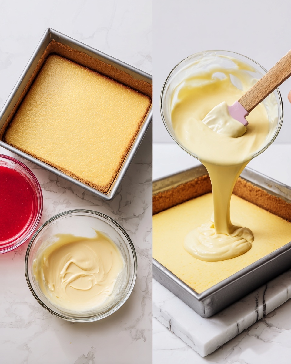 The image shows a process of making a cheesecake with three main parts. On the left, there is a square pan filled with a golden-brown crust layer. Next to it are two glass bowls; one contains a thick creamy yellow batter with a wooden spatula inside, and the other has a bright red liquid, likely a sauce. On the right, the thick creamy batter is being poured from a glass bowl onto the crust inside the square pan, with a white marbled surface underneath. The scene is clean and bright, giving a fresh cooking vibe. Photo taken with an iphone --ar 4:5 --v 7