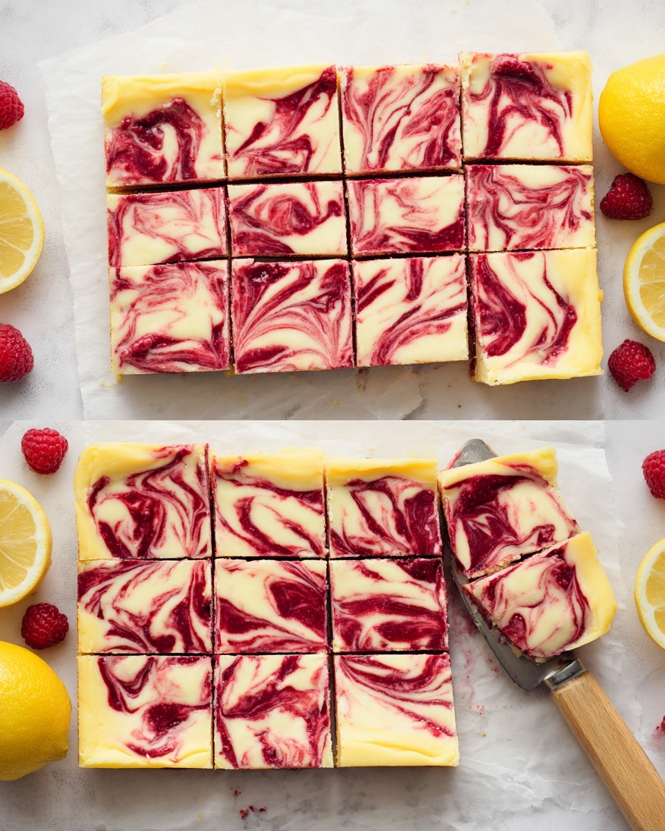 A square dessert bar is shown from above on white parchment paper over white marbled texture. The bar has two layers: the bottom layer is pale yellow, smooth and firm, and the top layer is a creamy off-white with swirls of deep red fruit sauce mixed artfully in a marbled pattern. The second image shows the same dessert cut into sixteen equal square pieces, with each piece showing a part of the red swirl pattern on the creamy surface. Around the dessert, there are whole lemons and fresh raspberries visible. A woman's hand is holding a knife with a light wooden handle near the dessert. photo taken with an iphone --ar 4:5 --v 7