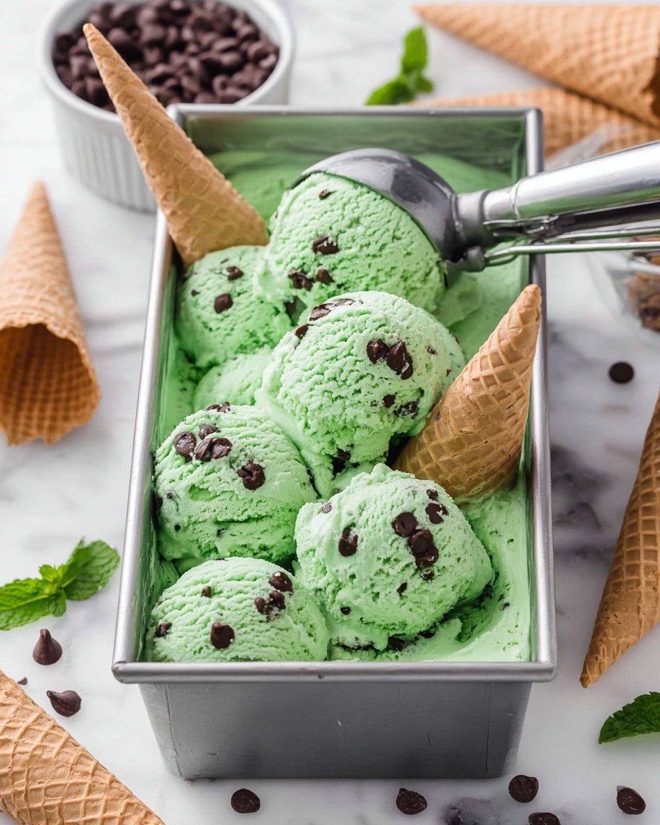 The image shows a silver container filled with bright green mint chocolate chip ice cream with visible dark brown chocolate chips scattered throughout. There are five scoops of ice cream resting on top, some topped with a few chocolate chips. On top of three scoops, there are light brown waffle cones placed upside down. A metal ice cream scoop is partially buried in the ice cream, holding one scoop. The background is a white marbled surface, with small piles of chocolate chips and green mint leaves scattered around. In the background, there is a white bowl filled with chocolate chips and some empty waffle cones. Photo taken with an iphone --ar 4:5 --v 7