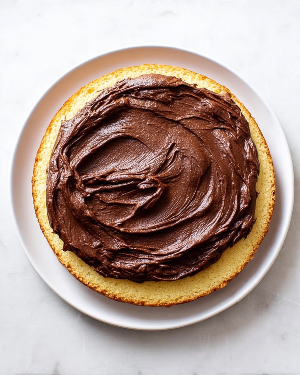 The image shows one layer of light golden cake on a white plate, topped with a thick, smooth layer of rich, dark chocolate frosting spread evenly but with visible swirls and texture. The cake is simple with the focus on the contrast between the pale cake and the dark glossy chocolate cream, placed on a white marbled texture surface. photo taken with an iphone --ar 4:5 --v 7
