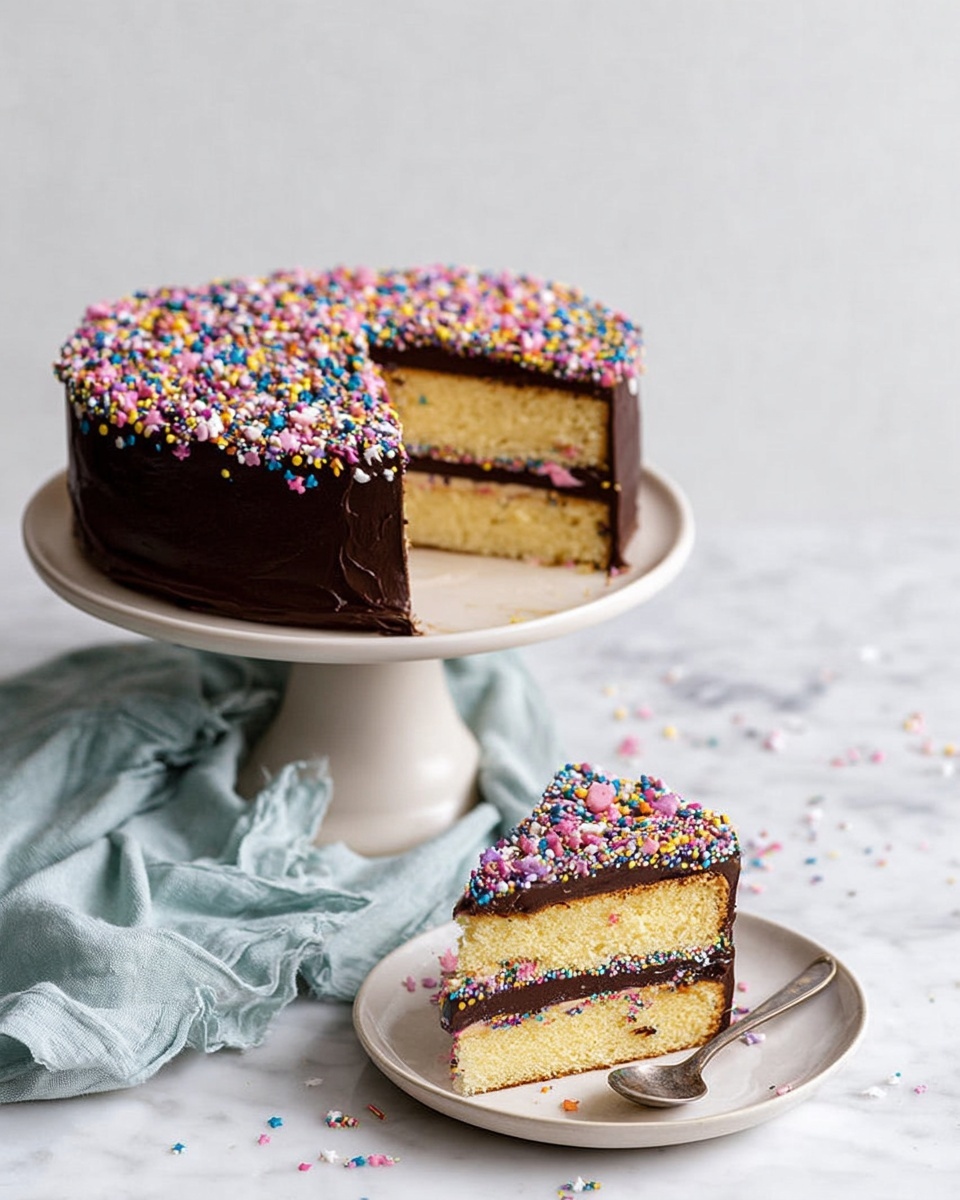 The cake has two layers of yellow sponge with a thick dark chocolate layer in the middle and the outside covered fully in smooth dark chocolate frosting. The top and sides of the cake are decorated with colorful round sprinkles in pink, blue, yellow, and white. One slice is removed and placed on a white plate with a small silver spoon beside it, showing the neat layers inside. The cake sits on a white cake stand on a white marbled surface with a crumpled light blue cloth nearby. Photo taken with an iphone --ar 4:5 --v 7