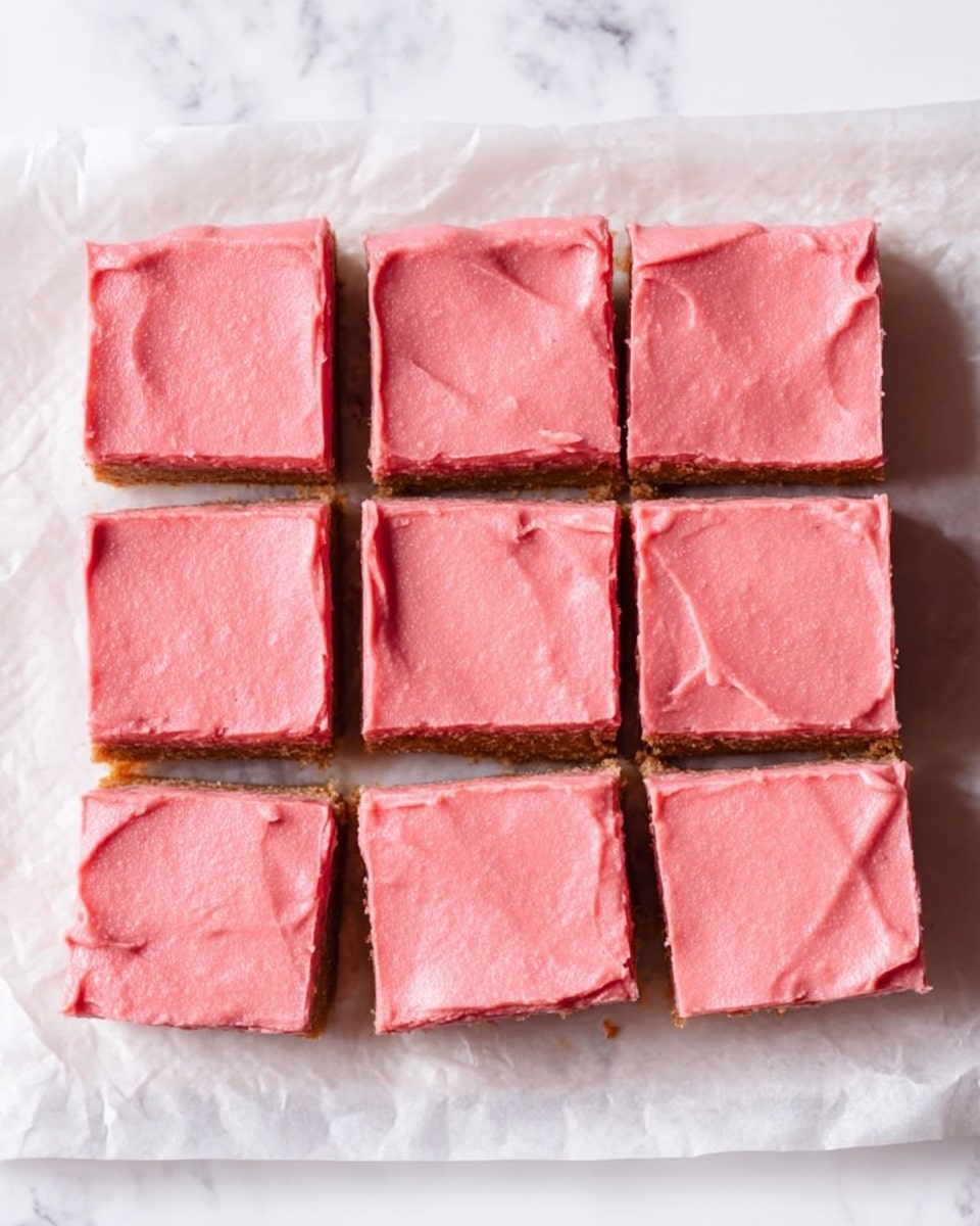 The image shows nine square pieces of dessert arranged in three rows and three columns on a white marbled surface covered with parchment paper. Each piece has two visible layers: a thick brown base layer with a slightly crumbly texture and a smooth top layer in bright pink frosting. The frosting layer is even and matte with subtle swirls. The pieces are neatly separated with straight, clean edges. Photo taken with an iphone --ar 4:5 --v 7