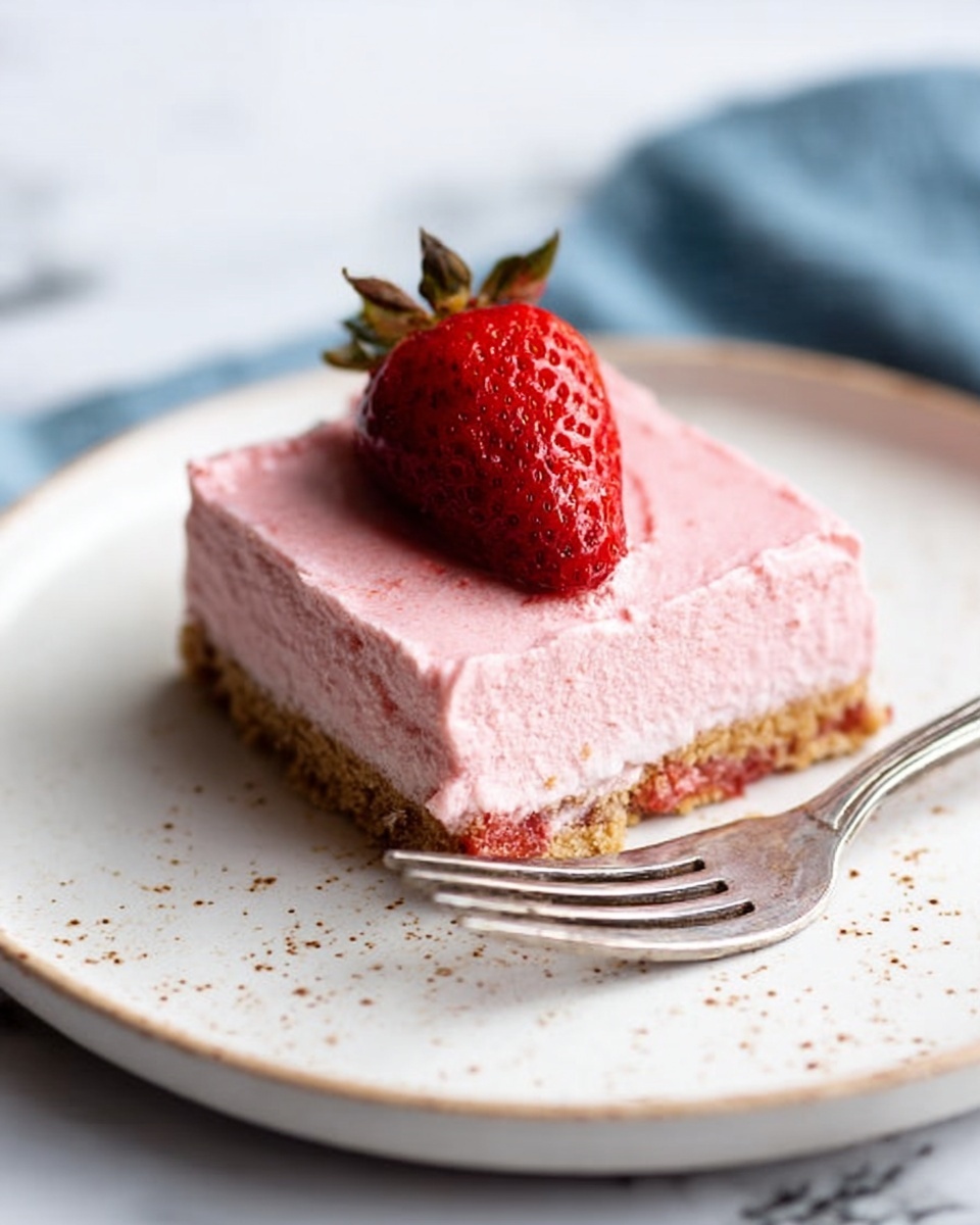 A square slice of pink strawberry mousse sits on a white plate, with two clear layers: the bottom layer is a crumbly brown biscuit base, and the thick top layer is smooth and fluffy pink strawberry mousse. A bright red strawberry with green leaves rests on top, centered. Some soft mousse is smeared beside the slice, and a silver fork is placed near the right edge of the plate. The background is a white marbled surface with a dark blue cloth slightly visible on the left side. photo taken with an iphone --ar 4:5 --v 7