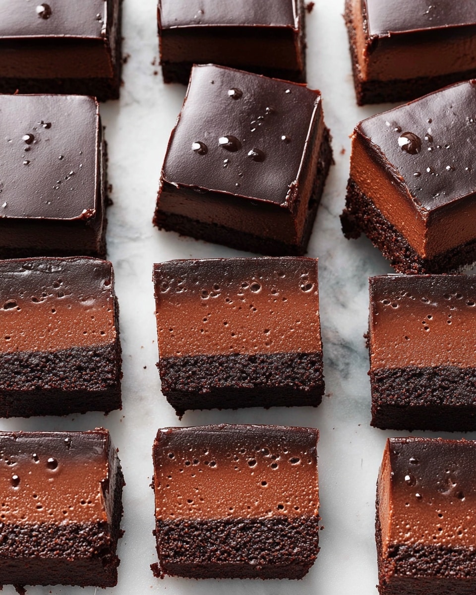 The image shows many square chocolate pieces arranged tightly on a white marbled surface. Each piece has three layers: a dark brown thin bottom layer with a crumbly texture, a thick middle layer of lighter brown smooth chocolate mousse, and a glossy, smooth dark chocolate top layer. Some pieces are turned to show the inside layers clearly, highlighting the neat edges and softness of the mousse. The chocolate shines slightly under the light, and small bubbles and swirls can be seen on the top layer. photo taken with an iphone --ar 4:5 --v 7