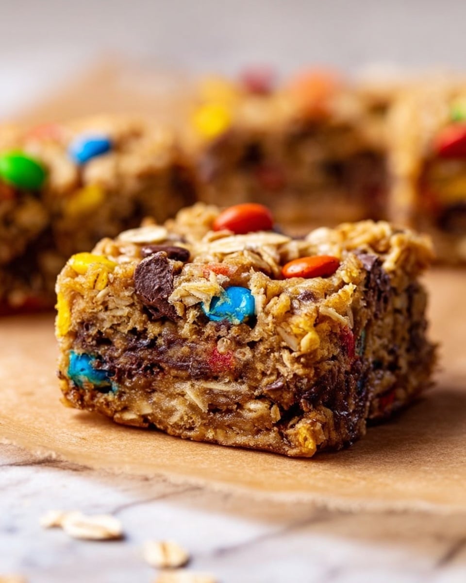 The image shows a batch of square oat bars with colorful candy pieces and chocolate chips mixed in, cut into 16 equal pieces and placed on white marbled surface. The oat bars have a rough, crumbly texture with visible oats and are light brown in color. Some candy pieces are bright red, green, yellow, orange, and blue, scattered across the bars and sticking out on top. Two pieces are separated from the main batch, showing the thickness and dense inside of the bars. Candy pieces also lie loose near the bars on the surface. Photo taken with an iphone --ar 4:5 --v 7