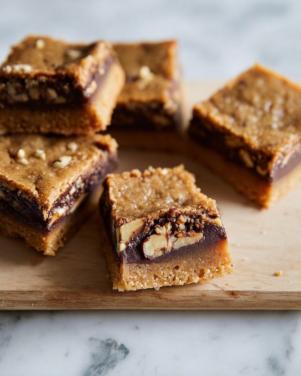 The image shows five square bars of a dessert placed on a light wooden board over a white marbled surface. Each bar has two layers: the bottom layer is a golden-brown cookie-like base, and the top layer is a darker, chocolatey filling studded with visible pieces of nuts. One square is cut and placed on its side, clearly showing the layers and the texture of both the nutty chocolate filling and the crumbly cookie base. The bars have a slightly cracked and rough surface, indicating a chewy texture. Photo taken with an iphone --ar 4:5 --v 7