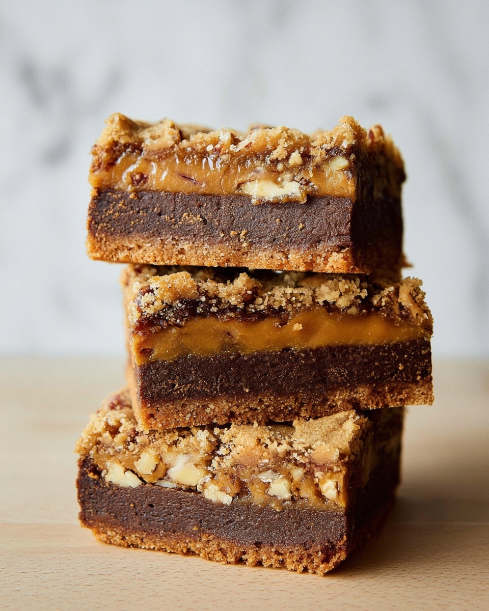 A stack of three thick square bars with three visible layers each: the bottom layer is a dark brown dense base, the middle layer is a golden caramel filling mixed with small walnut pieces, and the top layer is a lighter brown crumbly cookie-like crust with visible walnut bits. The bars are placed on a light wooden surface with a white marbled texture background. The top bar is slightly tilted. photo taken with an iphone --ar 4:5 --v 7