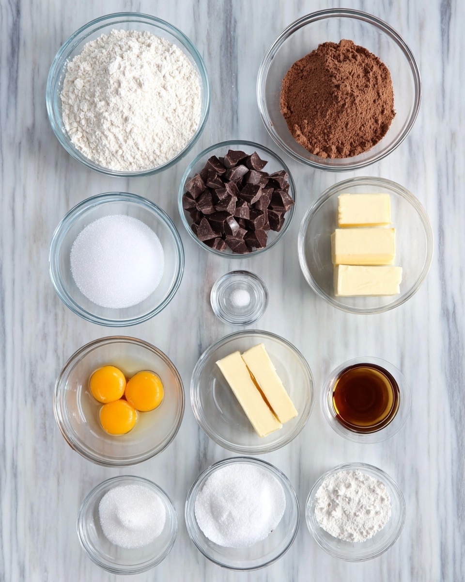 The image shows eleven clear glass bowls arranged neatly on a white marbled surface. At the top, there are two larger bowls, one filled with white flour and the other with brown sugar. Below them on the left is a bowl filled with small dark chocolate chunks, and on the right is a bowl holding two sticks of pale yellow butter. Moving down, a bowl of white granulated sugar is positioned left of two smaller bowls, each containing a raw egg with bright yellow yolks. At the bottom row, five small bowls contain various baking ingredients: white coarse salt, a clear liquid vanilla extract, fine white powder sugar, fine white baking soda, and a small amount of white powder baking powder. photo taken with an iphone --ar 4:5 --v 7