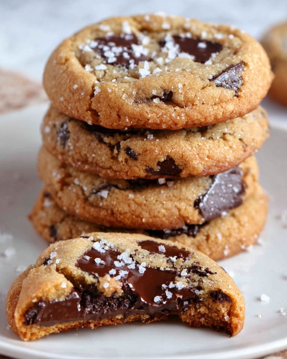 The image shows a stack of three round cookies on a white plate placed on a white marbled surface. The cookies are golden brown with visible melted dark chocolate chips scattered throughout. The top cookie has some coarse white salt sprinkled on it. In front of the stack lies a partially eaten cookie, showing its soft, dense interior filled with melted dark chocolate. The texture of the cookies looks slightly crispy on the edges and soft inside. photo taken with an iphone --ar 4:5 --v 7