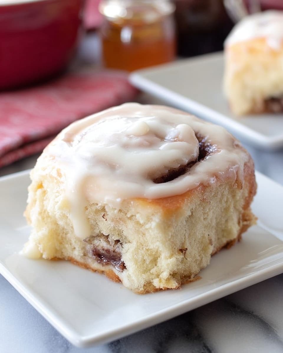 A single piece of cinnamon roll is shown on a white square plate, with soft light brown dough and a thick layer of creamy white icing dripping over the top and sides. The roll has one clear layer of dark brown cinnamon filling running through the middle, visible from the side, creating a spiral effect. Slightly shiny, the dough looks soft and fluffy with a moist texture, sitting on a white marbled surface. In the background, parts of another roll on a similar white plate and a blurred jar are visible. Photo taken with an iphone --ar 4:5 --v 7