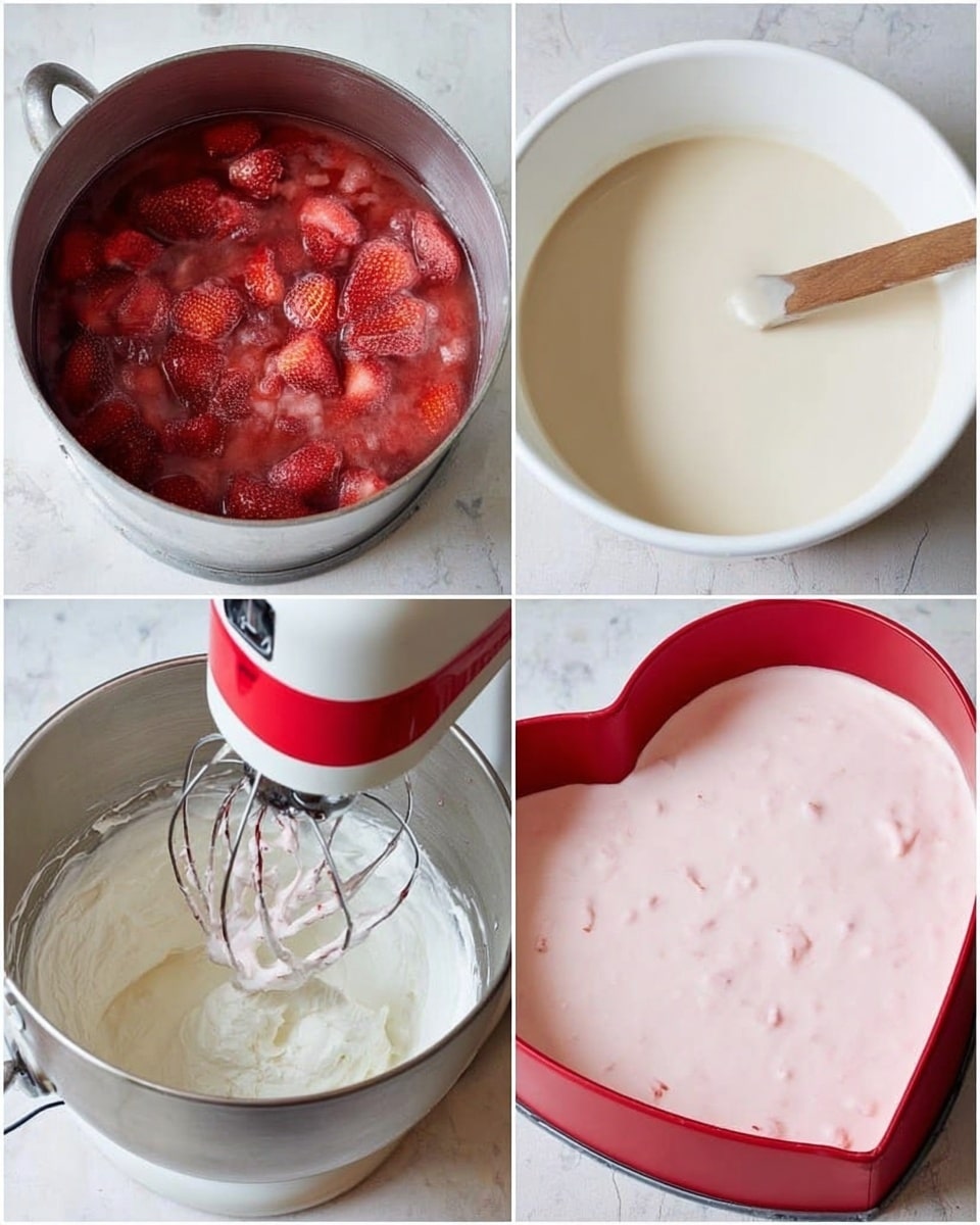 The image shows four stages of making a creamy strawberry dessert on a white marbled surface. The first stage (top left) has a pot filled with chunky red strawberries soaking in their juice. The second stage (top right) is a white bowl with a light beige smooth batter, stirred with a wooden spatula. The third stage (bottom left) shows a silver mixer bowl with thick white whipped cream being mixed by a red stand mixer whisk. The final stage (bottom right) features a red heart-shaped springform pan filled with a pale pink creamy mixture with small strawberry bits, ready to set. Photo taken with an iphone --ar 4:5 --v 7