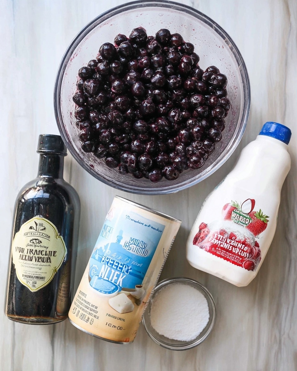 A clear bowl filled with shiny, dark purple blueberries sits at the top center of the image, showing a wet and juicy texture. Below the bowl, there are four items arranged in a loose group on a white marbled surface: a tall bottle of pure vanilla extract with a black cap on the left, a white can of sweetened condensed milk with light blue and beige accents in the middle, a white plastic bottle of heavy whipping cream with strawberry images and red text on the right, and a small clear glass bowl with a white powder or salt at the bottom right. The scene is lit naturally and presents all ingredients clearly for a recipe photo taken with an iphone --ar 4:5 --v 7