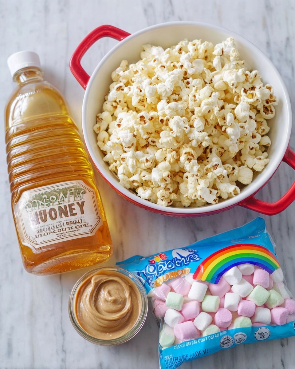 A white bowl with a red handle is filled with light yellow popcorn that has some slightly browned spots, placed on a white marbled surface. To the left of the bowl, there is a clear plastic bottle filled with golden honey labeled 