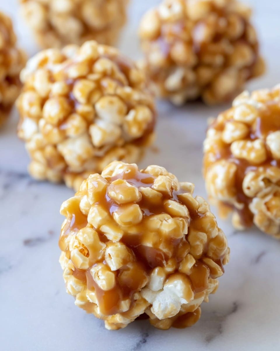 The image shows several popcorn balls placed on a white marbled surface. Each popcorn ball is made of light yellow popcorn coated with a glossy, sticky caramel layer that binds the popcorn pieces tightly together. The popcorn balls are roughly round and uneven in texture, with some caramel visibly dripping and clinging to the individual popcorn kernels. The background is softly blurred, highlighting the front popcorn balls in clear focus, with warm tones from the caramel giving a shiny, inviting look. Photo taken with an iphone --ar 4:5 --v 7