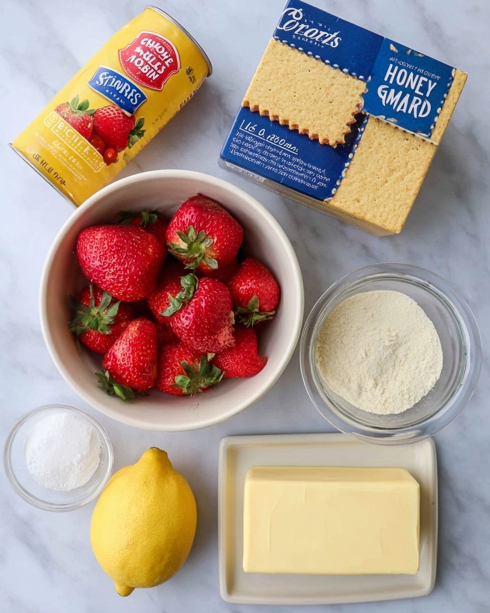 The image shows six ingredients arranged neatly on a white marbled surface: a white bowl filled with bright red strawberries with green leaves on top, a blue box of Honey Maid Graham Cracker Crumbs, a yellow container of Sprouts Corn Starch, a small clear bowl with white granulated sugar, a whole yellow lemon, and a stick of unsalted butter with light beige wrapping. Photo taken with an iphone --ar 4:5 --v 7