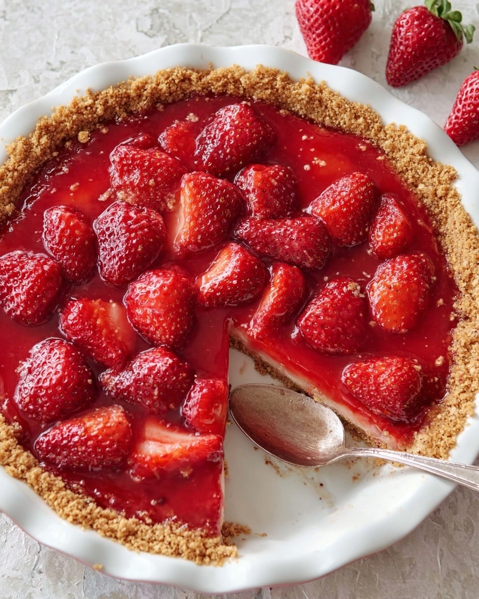 A round pie with a crumbly light brown crust lining the edges, filled with a shiny red strawberry filling that looks thick and smooth. On top, there are two layers of fresh whole strawberries placed evenly over the red filling. One slice has been taken out using a silver spoon resting at the side inside the white pie dish. The background is a white marbled texture with some whole strawberries partially visible in the upper corner. Photo taken with an iphone --ar 4:5 --v 7