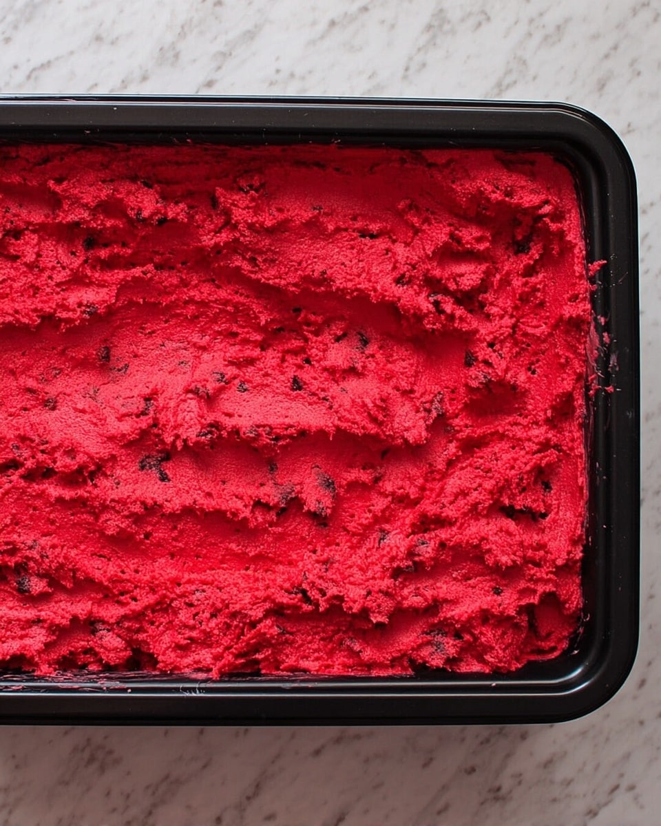 A tray filled with one thick layer of bright red textured batter that looks slightly rough and uneven on the top, with small dark specks scattered throughout. The tray is black and placed on a white marbled surface. The batter's texture looks soft and whipped but dense, covering the tray fully. Photo taken with an iphone --ar 4:5 --v 7