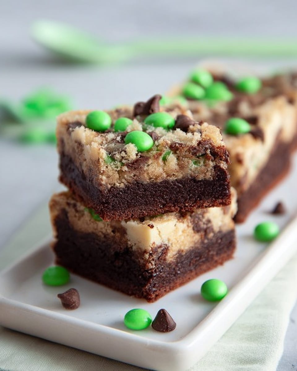 The image shows three square pieces of a two-layer dessert arranged on a white rectangular plate. The bottom layer is dark brown, looking soft and chocolatey, while the top layer is lighter beige with visible chocolate chips mixed in, giving a crumbly texture. Scattered green candy pieces decorate both the top of the dessert and the white marbled surface around the plate. In the background, there is a soft, green spoon slightly out of focus. The light is soft and natural, highlighting the contrasting colors and textures of the dessert photo taken with an iphone --ar 4:5 --v 7