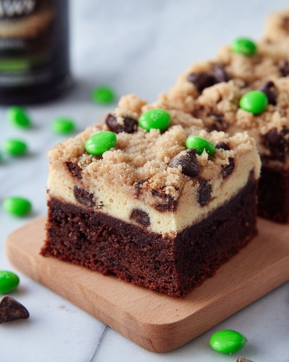 The image shows a close-up of a three-layer dessert square placed on a light brown wooden board. The bottom layer is a dense, dark brown cake with a soft texture. The middle layer is lighter, almost creamy beige, blending slightly into the bottom layer. The top layer is crumbly and rough, beige with scattered dark chocolate chips embedded within it. A few bright green candy pieces sit on top, adding a pop of color. In the background, a white marbled surface is visible with more green candy pieces scattered around, creating a soft and clean setting. photo taken with an iphone --ar 4:5 --v 7