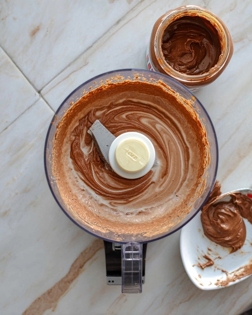 A clear food processor bowl filled with a smooth, light brown mixture with a swirl of darker brown chocolate spread on the top layer, centered around the white and brown processing blade. Beside it, on a white marbled surface, there is an open jar of chocolate spread with creamy chocolate visible inside, and a small white bowl with a smear of chocolate spread inside. Photo taken with an iphone --ar 4:5 --v 7
