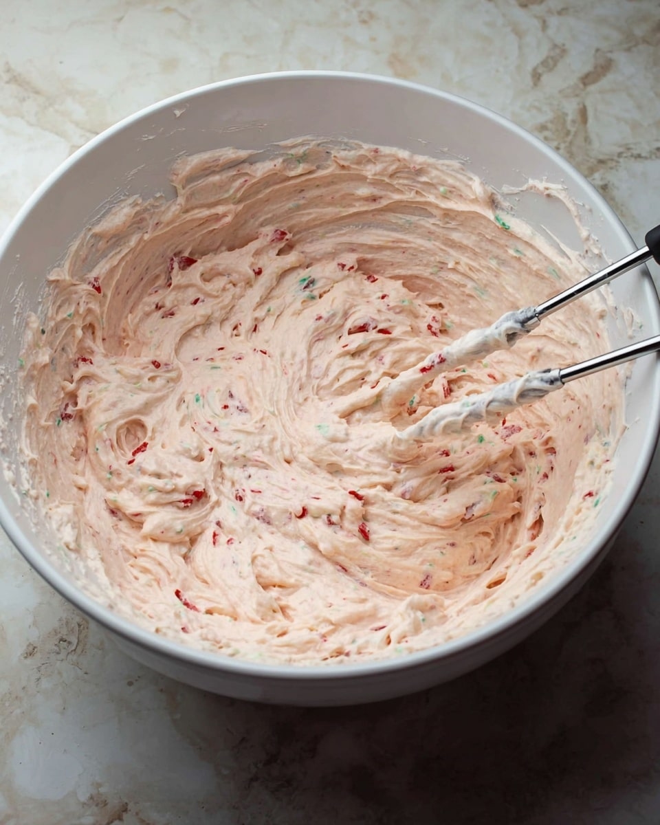 A large white bowl filled with a thick, creamy mixture that is light pink in color with small red and green bits scattered throughout. The creamy mix has a smooth and swirled texture, showing the motion of mixing. Two metal beaters covered in the same mixture rest inside the bowl. The bowl is placed on a surface with a white marbled texture. Photo taken with an iphone --ar 4:5 --v 7