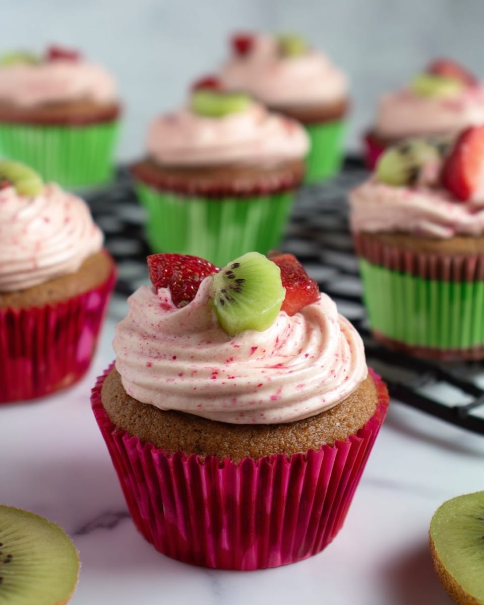 The image shows several cupcakes placed on a white marbled surface. Each cupcake has one brown cake layer topped with a swirl of light pink frosting that has small red bits mixed in. On top of the frosting, there are small green and red fruit pieces, likely kiwi and strawberry. The cupcakes are wrapped in red paper liners with a green edge at the bottom. In the background, there is a blurred black cooling rack holding more similarly decorated cupcakes and a slice of kiwi. Photo taken with an iphone --ar 4:5 --v 7